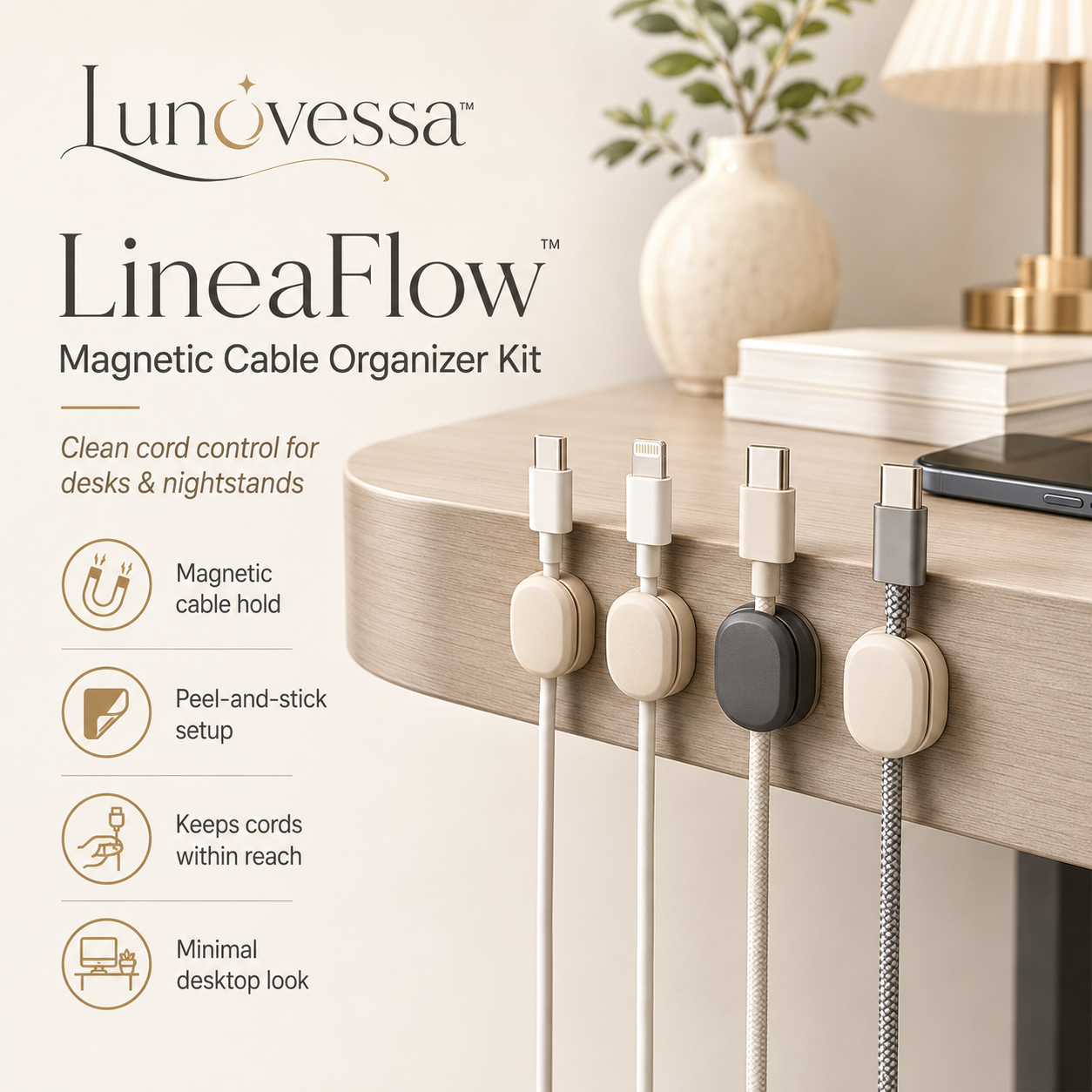 Lunovessa⢠LineaFlow Magnetic Cable Organizer Kit, Desktop Cord Holders & Charging Wire Management Clips
