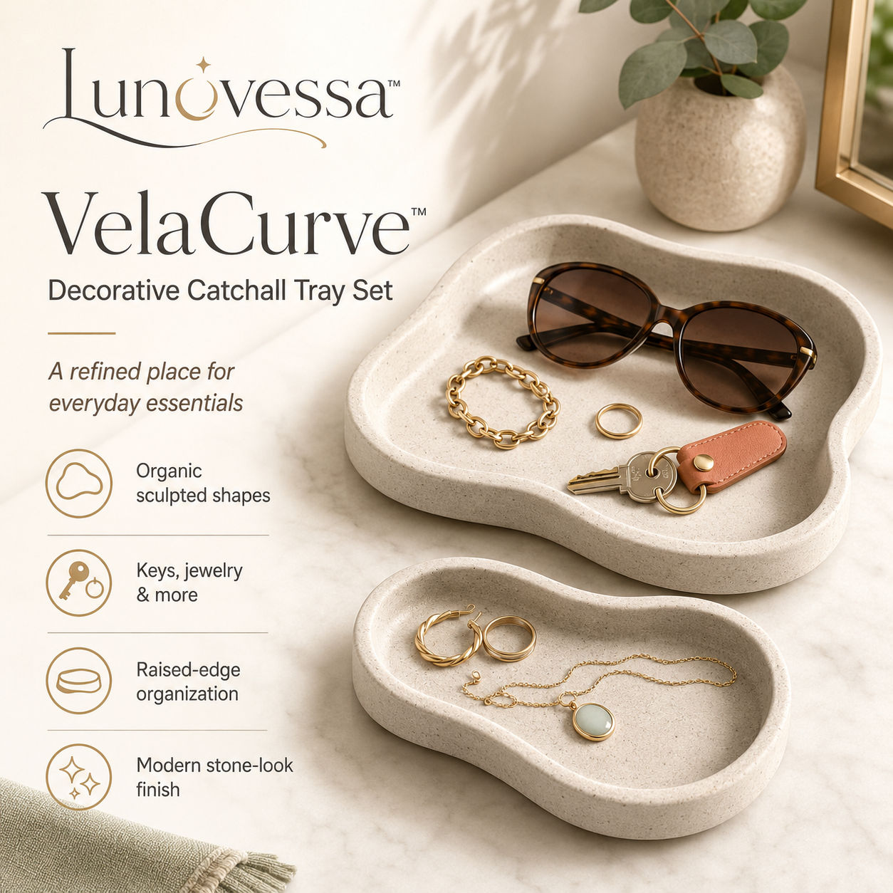 Lunovessa⢠VelaCurve Decorative Catchall Tray Set, Modern Jewelry Dish, Entryway Key Tray & Vanity Organizer