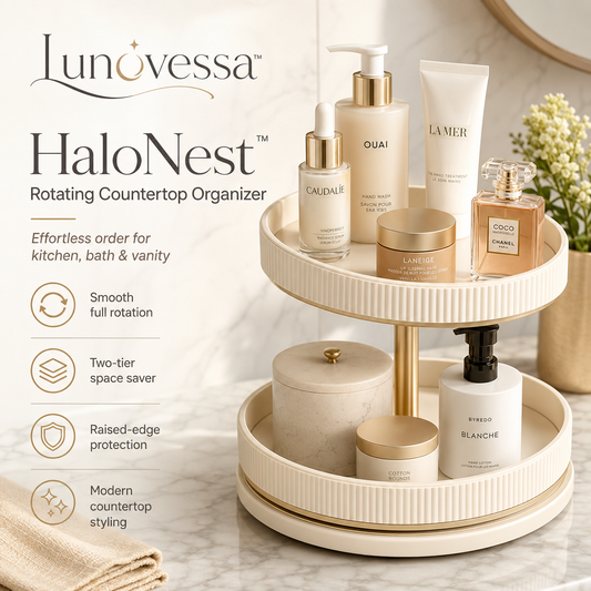 Lunovessa™ HaloNest 360° Rotating Countertop Organizer, 2-Tier Vanity Storage Tray, Kitchen Spice Rack & Bathroom Organizer