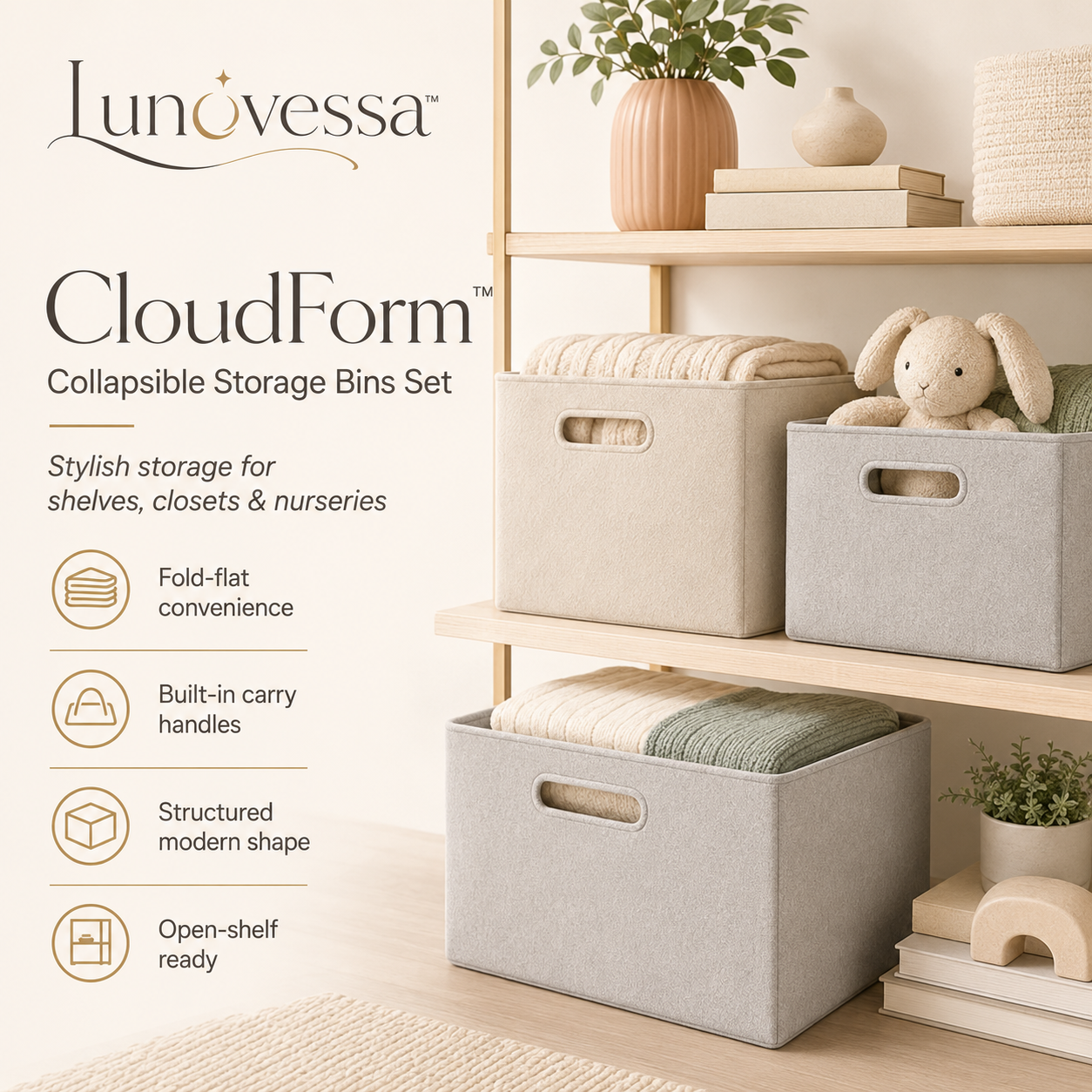 Lunovessa™ CloudForm Collapsible Storage Bins Set of 3, Fabric Organizer Baskets with Handles for Closet, Shelf & Nursery