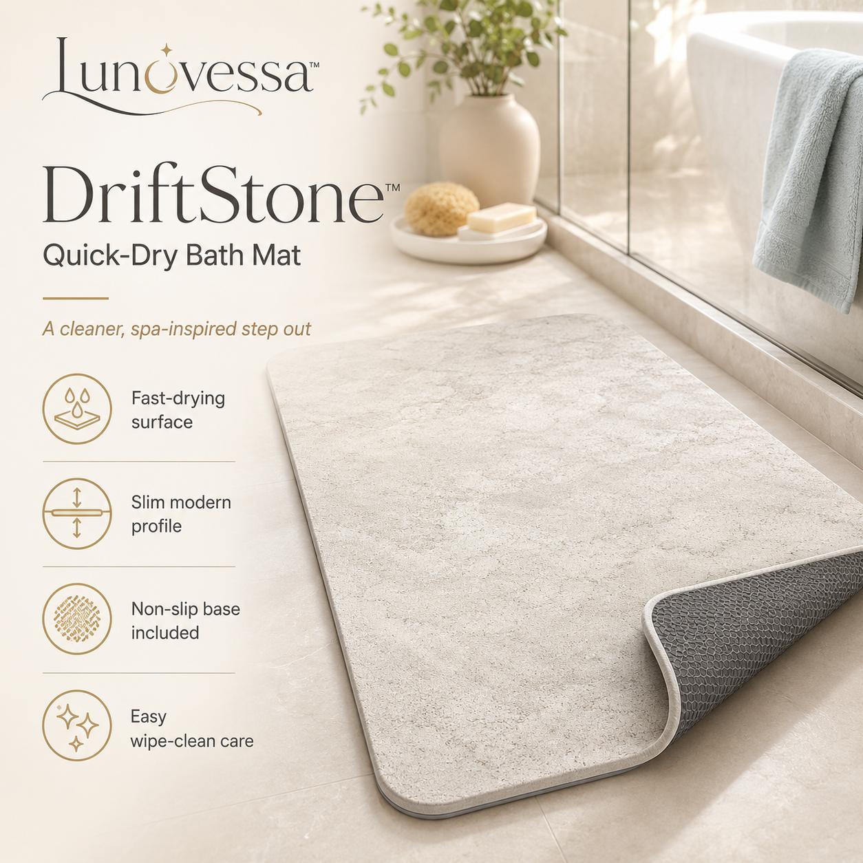 Lunovessa™ DriftStone Quick-Dry Bath Mat, Diatomite-Style Stone Bathroom Mat with Removable Non-Slip Base