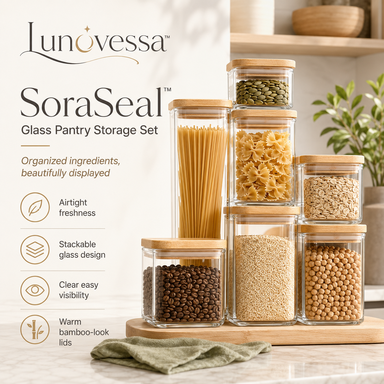 Lunovessa™ SoraSeal Glass Pantry Storage Containers Set of 5, Airtight Stackable Kitchen Canisters with Bamboo-Look Lids
