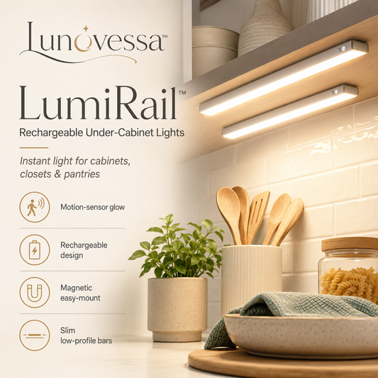 Lunovessa™ LumiRail Rechargeable Under-Cabinet Lights Set of 2, Motion Sensor LED Light Bars for Kitchen & Closet
